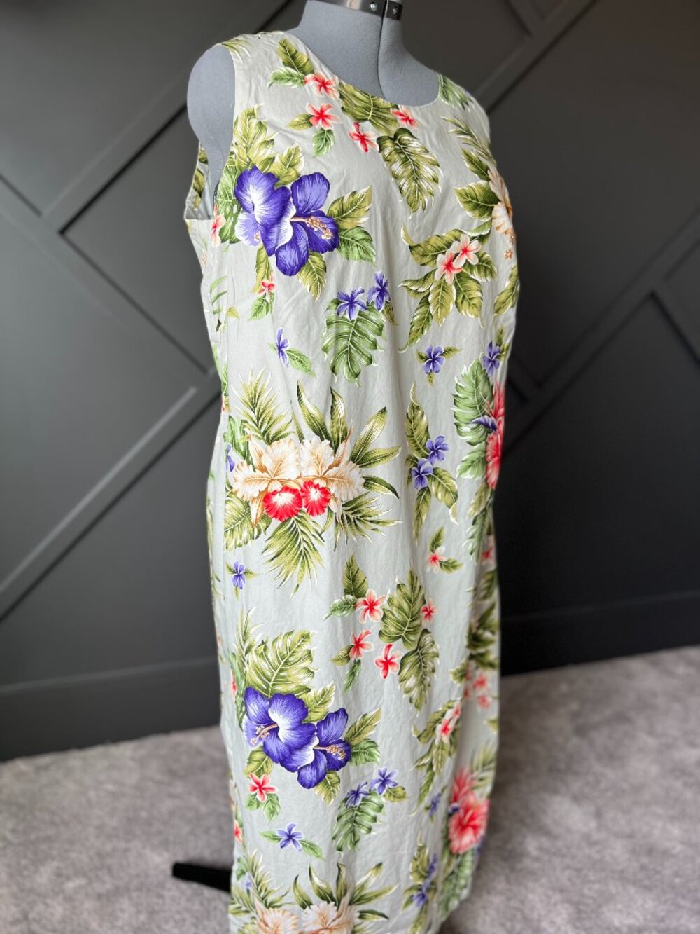 Handmade sleeveless cotton summer dress in hibiscus pattern